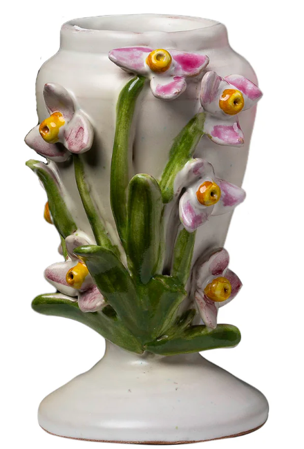 Vase, Sm White W/ Pink/Yellow Flower - Clements Fine Rugs