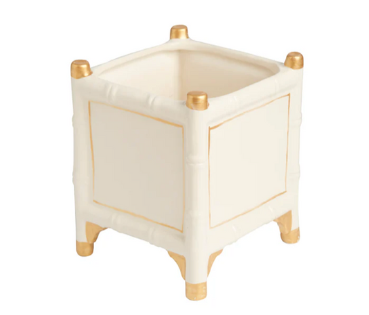 Bamboo Cachepot, White/Gold, Small - Clements Fine Rugs 