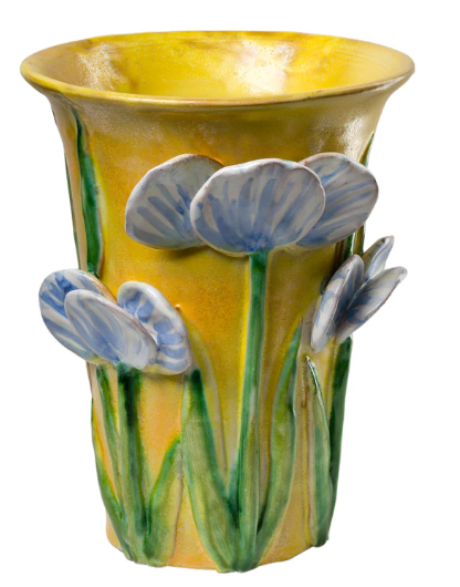 VASE, MED. YELLOW W/ BLUE FLOWERS - Clements Fine Rugs 