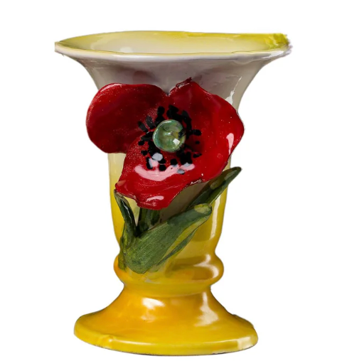 Vase, Small White with Red Poppy Flower - Clements Fine Rugs 