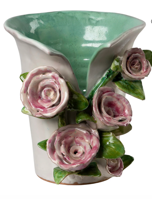 Vase, Med. White w/ Pink Roses - Clements Fine Rugs 