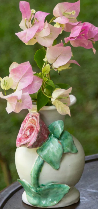 Vase, Sm White W/ Pink Rose - Clements Fine Rugs 