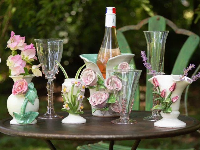 Vase, Sm White W/ Pink Rose - Clements Fine Rugs 